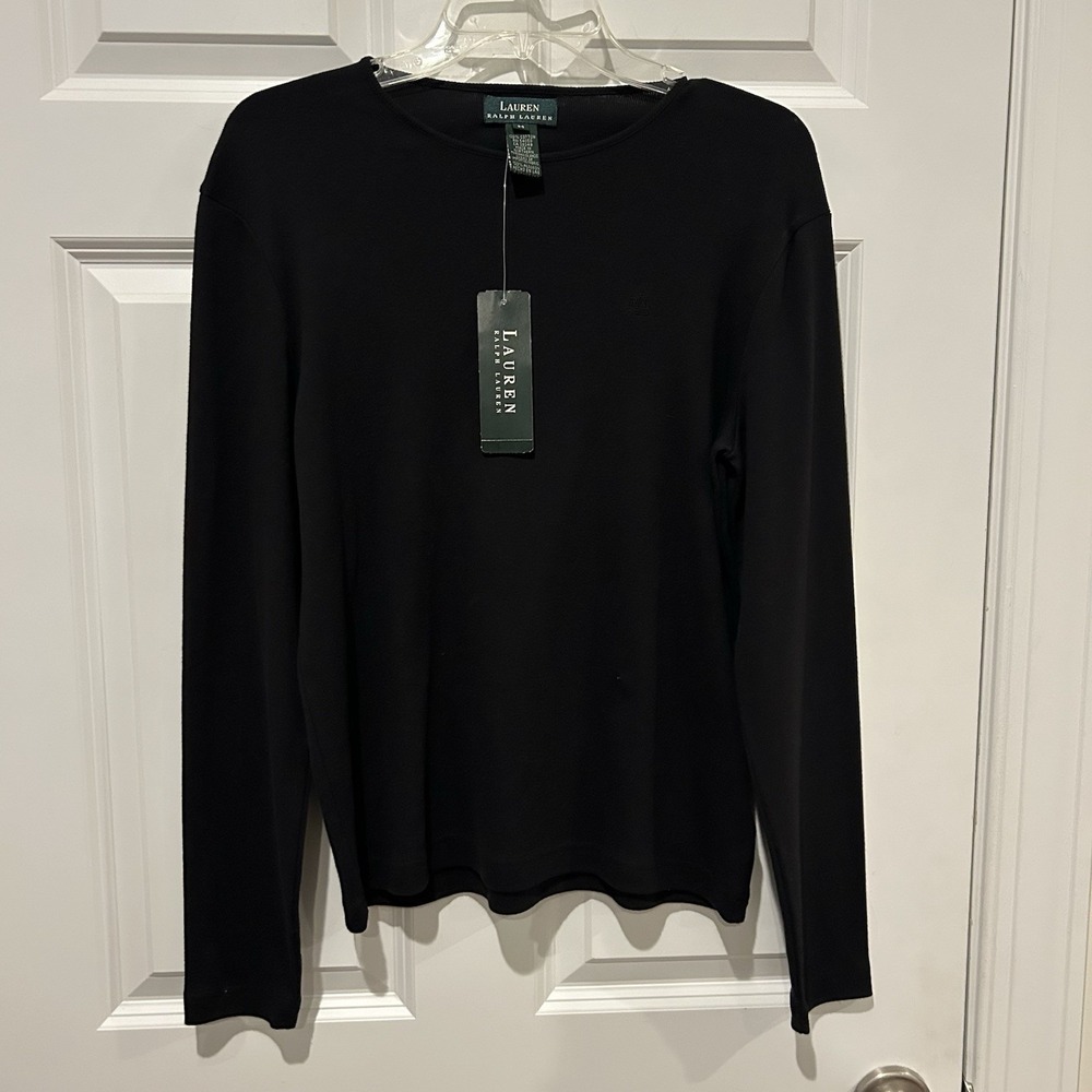 NWT Lauren Ralph Lauren Women M Black Long Sleeve Cotton Crew Neck Knit Top $48